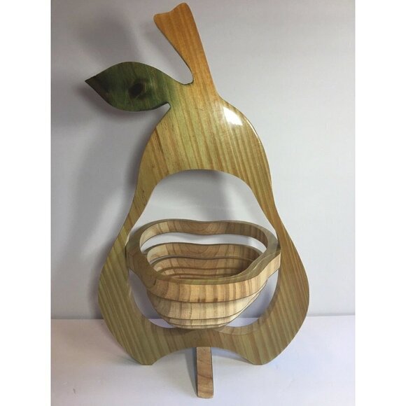 EQUINOCCIO Pear Collapsible Wood Spiral Cut Basket Fruit Bowl / Trivet - Picture 3 of 5
